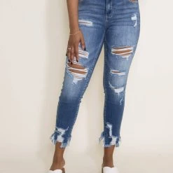 Cello Distressed Cropped Fray Bottom Skinny Jeans For Women | WV74422ML2