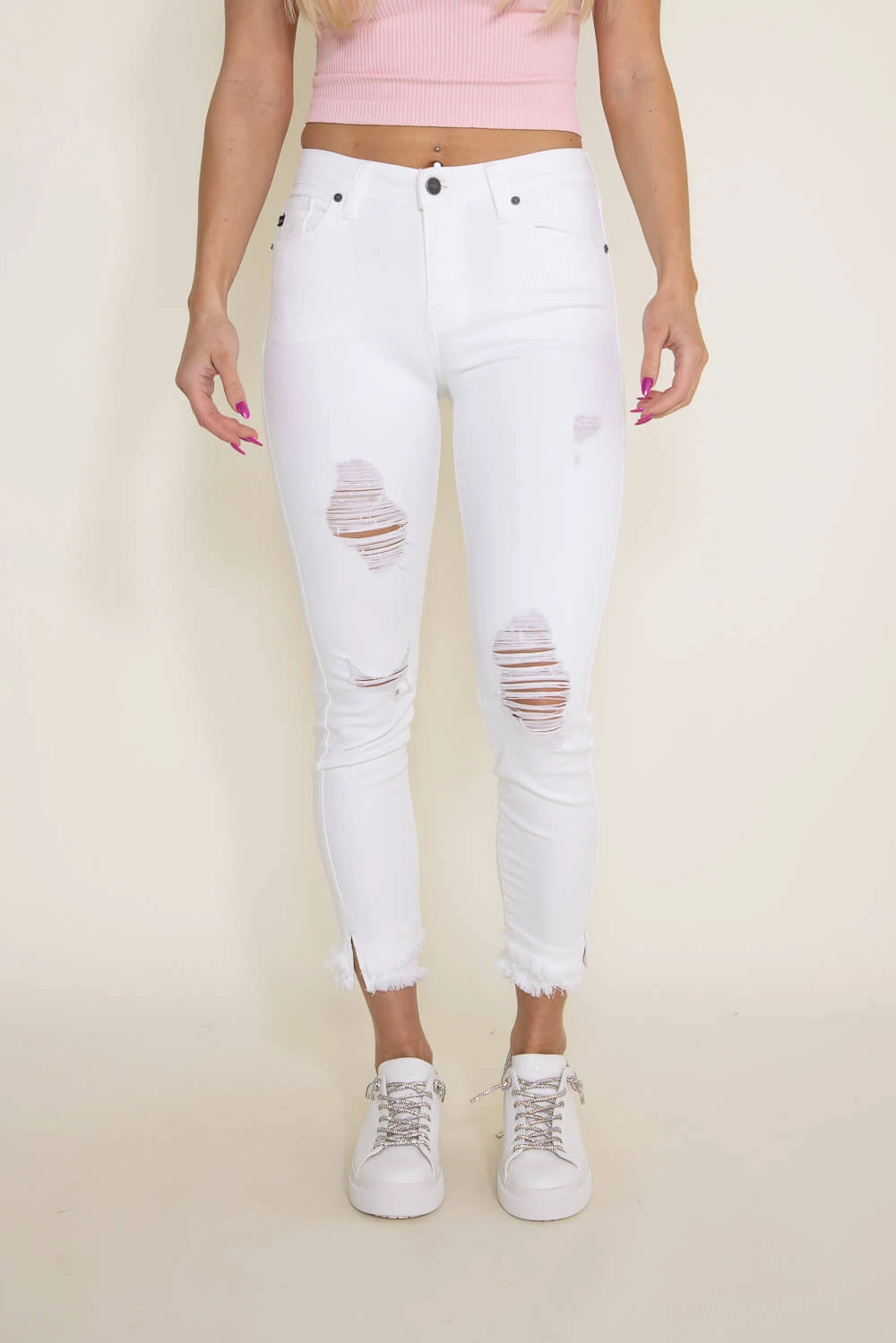 KanCan Double Fray Ankle Skinny Jeans For Women In White | KC6204WT 6 KanCan Double Fray Ankle Skinny Jeans For Women In White | KC6204WT - Image 4