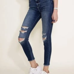 Cello High Rise Distress Fray Hem Skinny Jeans For Women | WV77101DKD-1 -straight jeans shop 003 Cello High Rise Distress Fray Hem Skinny Jeans for Women WV77101DKD 1 1