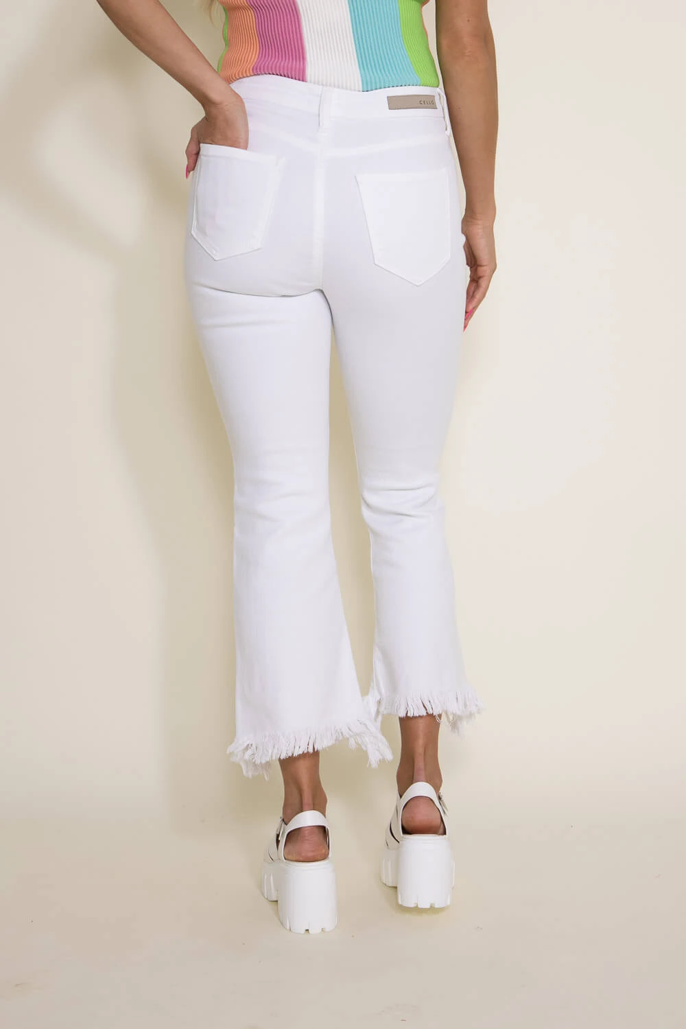 Cello High Rise Cropped Fray Hem Flare Jeans For Women In White | WV38744WHT 4 Cello High Rise Cropped Fray Hem Flare Jeans For Women In White | WV38744WHT - Image 2