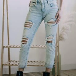 Eunina Frankie Mid Rise Distressed Girlfriend Jeans For Women | E87061IND