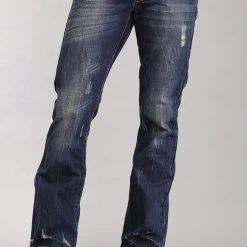 Mens Stetson Blue Cotton Blend Destruction Dark Wash Bootcut Rocks Jeans
