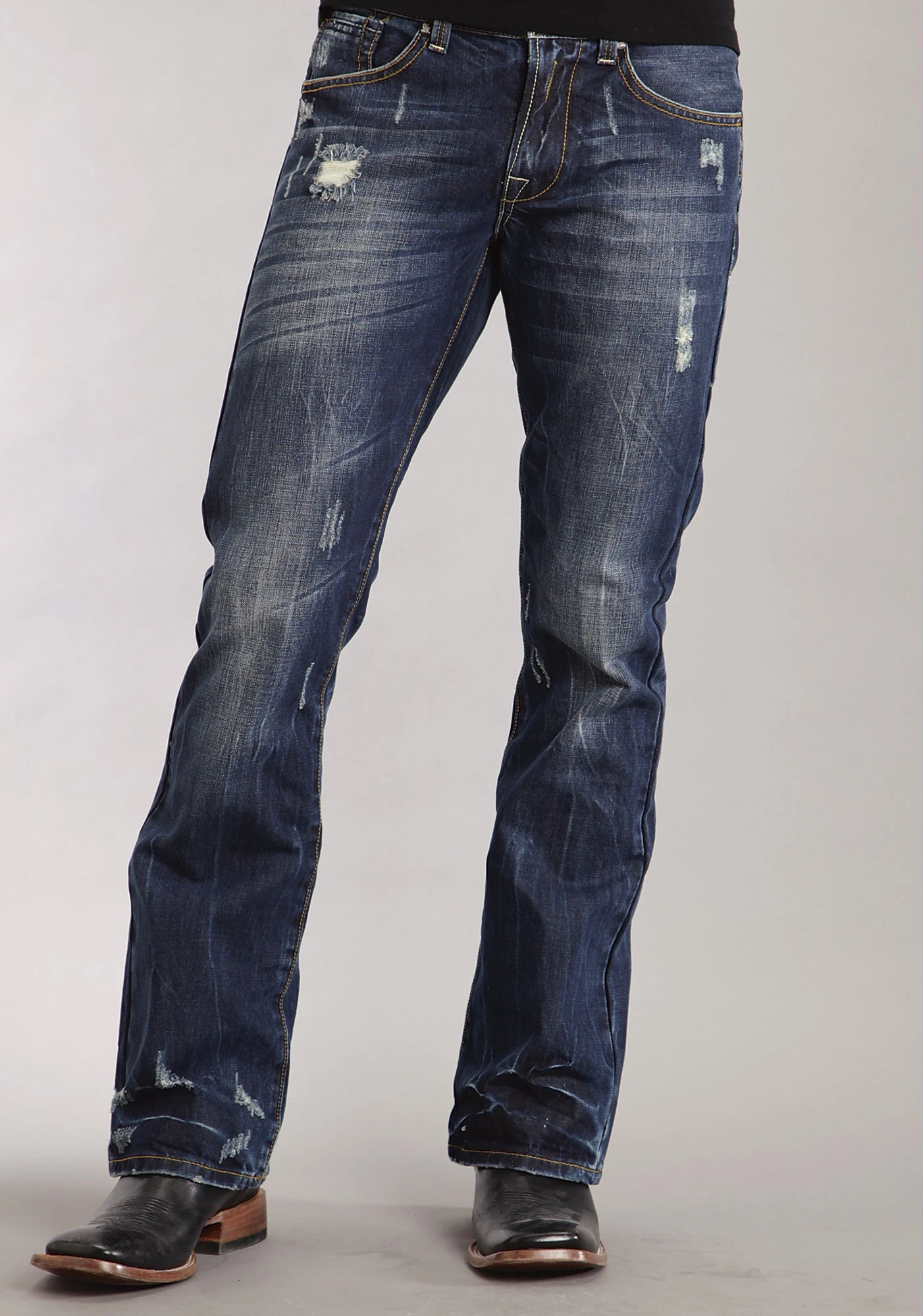 Mens Stetson Blue Cotton Blend Destruction Dark Wash Bootcut Rocks Jeans 3 Mens Stetson Blue Cotton Blend Destruction Dark Wash Bootcut Rocks Jeans
