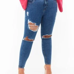 Tight-fitting Jeans With Rip Details Blue Denim -straight jeans shop BL1002B 1055 ModelDetail2 1
