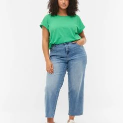 Zizzi 7/8 Jeans With Raw Hems And High Waist Light Blue Denim