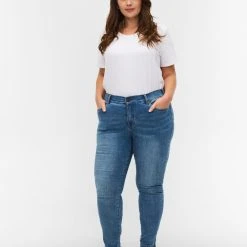 Zizzi Cropped Amy Jeans With A High Waist And Bows Blue Denim