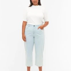 Zizzi Straight, Ankle Length Jeans Light Blue Stripe