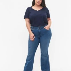 Zizzi High Waisted Ellen Jeans With Bootcut Blue Denim