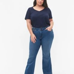 Zizzi High Waisted Ellen Jeans With Bootcut Blue Denim