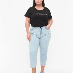 Zizzi Cropped Mille Mom Jeans With Print Light Blue Denim