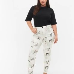 Zizzi High Waisted Amy Jeans With Floral Print White Flower AOP L78
