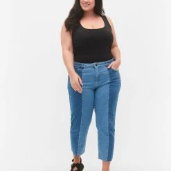 Zizzi Cropped Vera Jeans With Colorblock Blue Denim
